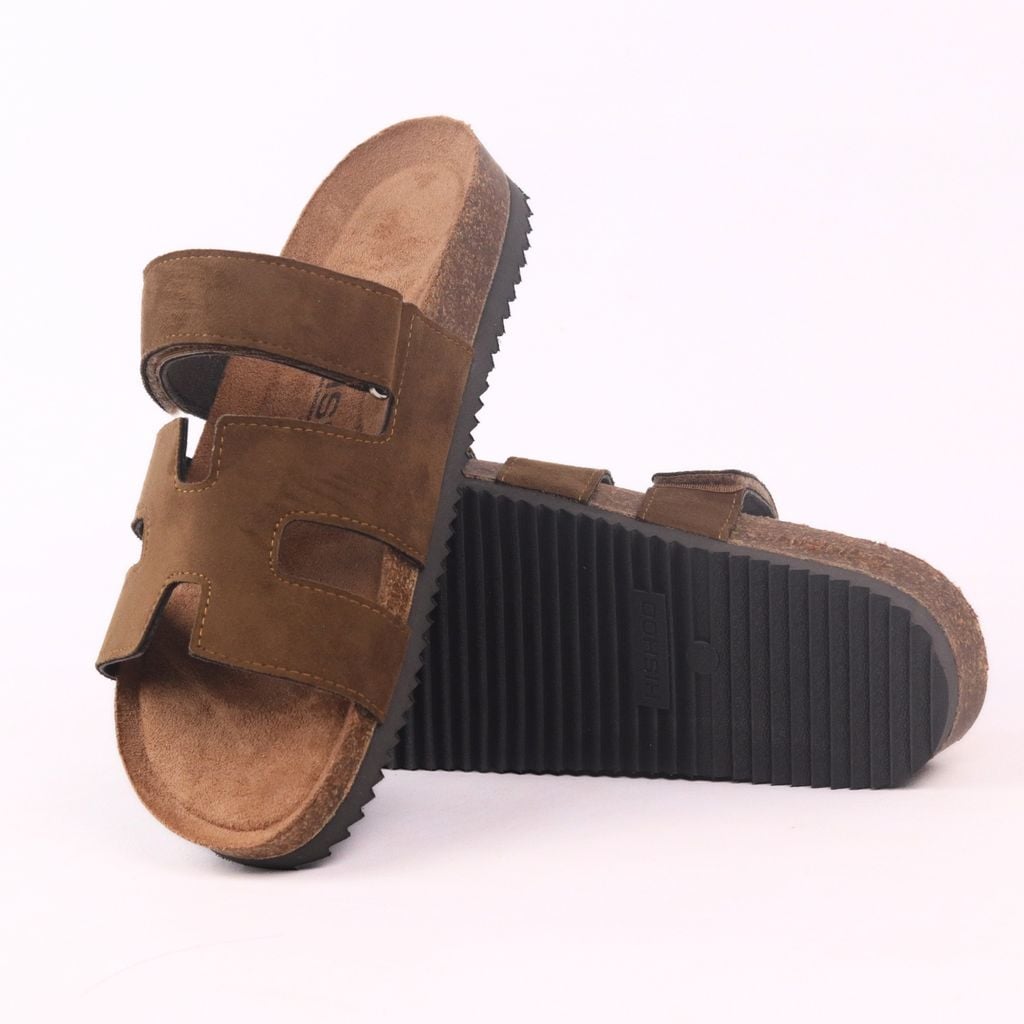 Dép đế trấu birken Chữ H Sandal quai ngang bản, da lộn premium HISHOO H104