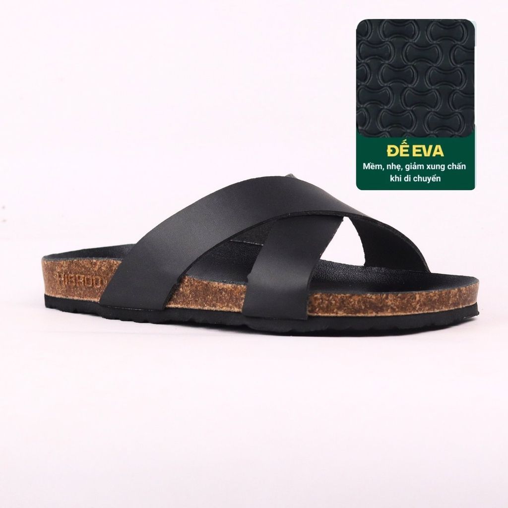Dép đế trấu birken quai ngang chéo MẶT ĐEN HISHOO S096