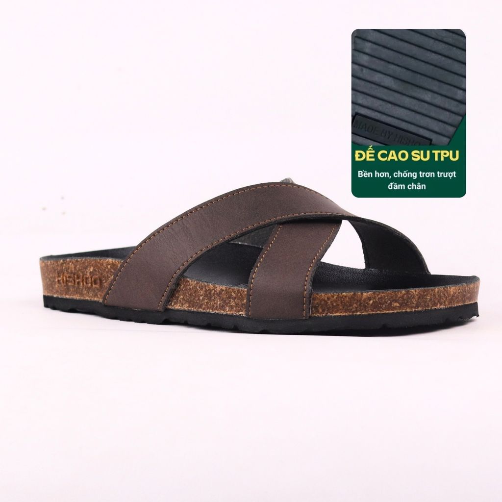 Dép đế trấu birken quai ngang chéo MẶT ĐEN da bò HISHOO M096