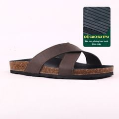 Dép đế trấu birken quai ngang chéo MẶT ĐEN da bò HISHOO M096