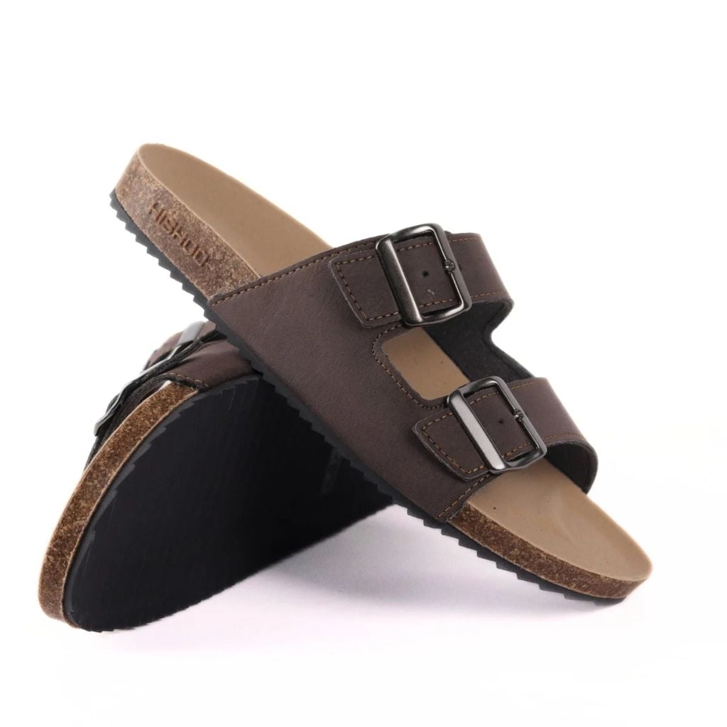 Dép đế trấu birken quai ngang 2 khoá MẶT ĐEN da bò HISHOO M093