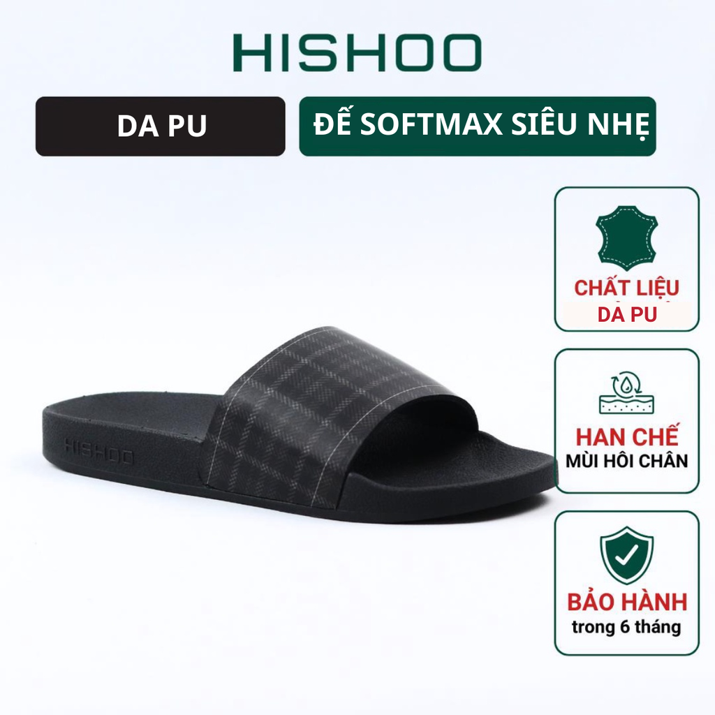 Dép quai ngang da bò In Hình Caro Đen HISHOO U113
