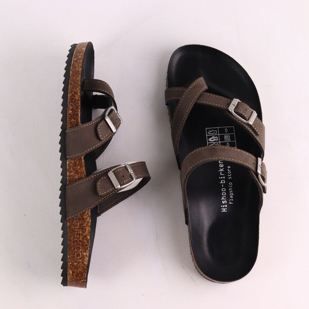 Dép đế trấu birken quai ngang xỏ ngón MẶT ĐEN da bò HISHOO M098