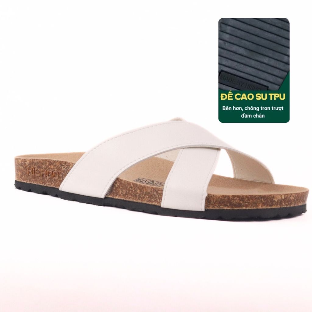 Dép đế trấu birken quai ngang chéo MẶT ĐEN da bò HISHOO M096