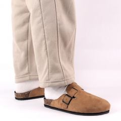 Dép đế trấu sục Boston Xám/ Kem/Bò quai ngang da lộn HISHOO R109