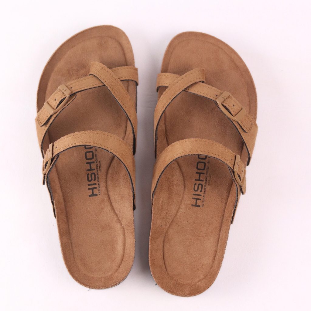 Dép đế trấu birken quai ngang xỏ ngón da lộn premium HISHOO H098