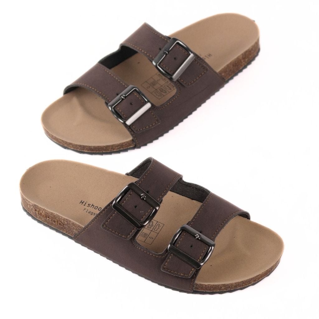 Dép đế trấu birken quai ngang 2 khoá MẶT ĐEN da bò HISHOO M093