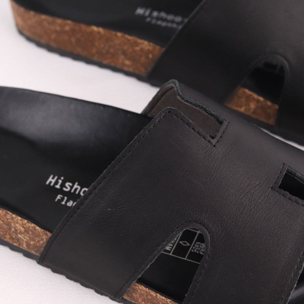 Dép đế trấu birken quai ngang chữ H MẶT ĐEN da bò HISHOO M095