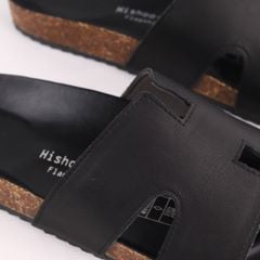 Dép đế trấu birken quai ngang chữ H MẶT ĐEN da bò HISHOO M095