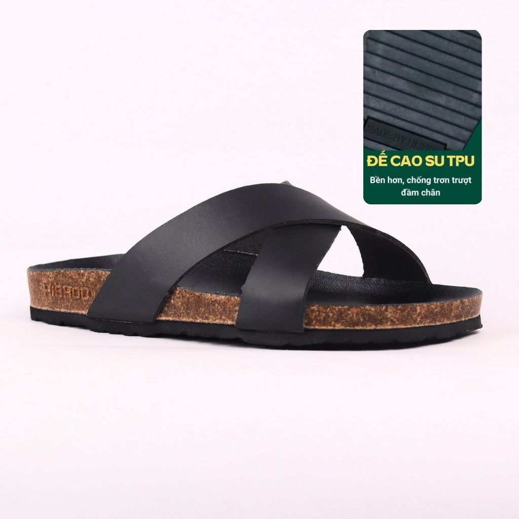 Dép đế trấu birken quai ngang chéo MẶT ĐEN HISHOO S096