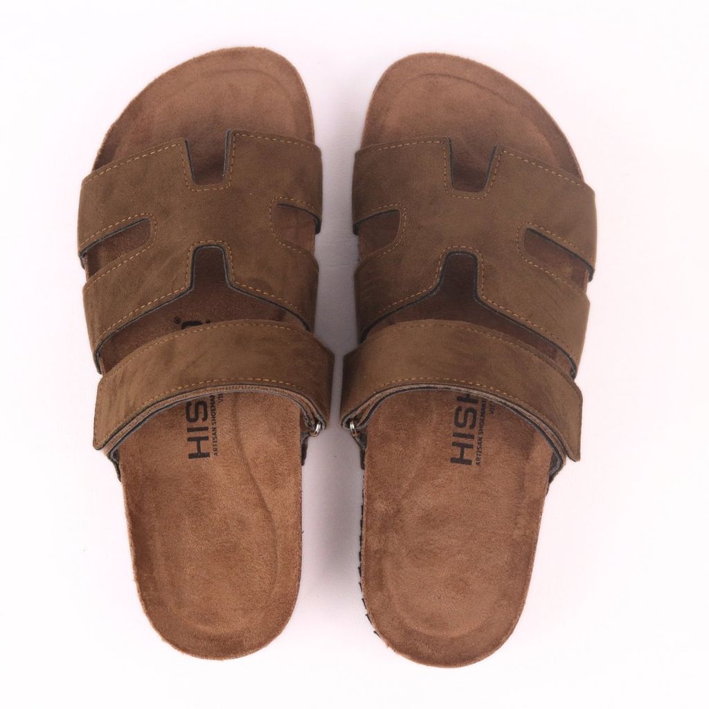 Dép đế trấu birken Chữ H Sandal quai ngang bản, da lộn premium HISHOO H104