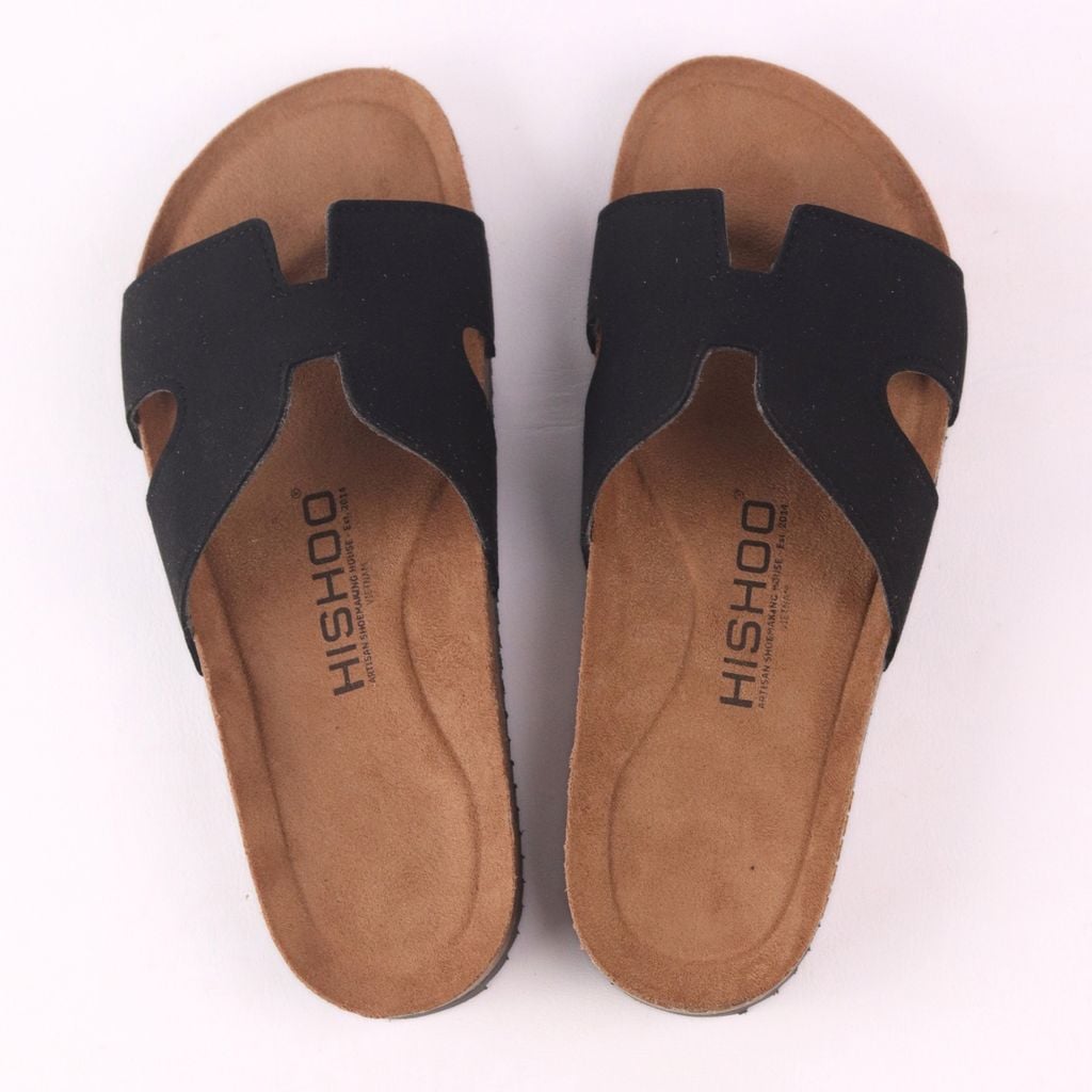 Dép đế trấu birken Chữ H da lộn premium HISHOO H095