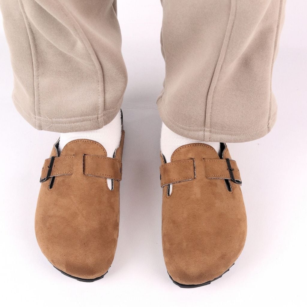 Dép đế trấu sục Boston Xám/ Kem/Bò quai ngang da lộn HISHOO R109