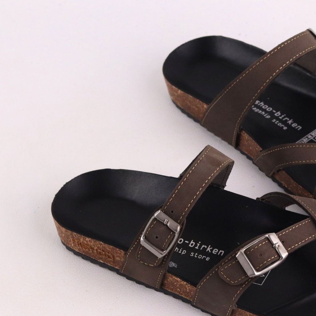 Dép đế trấu birken quai ngang xỏ ngón MẶT ĐEN da bò HISHOO M098