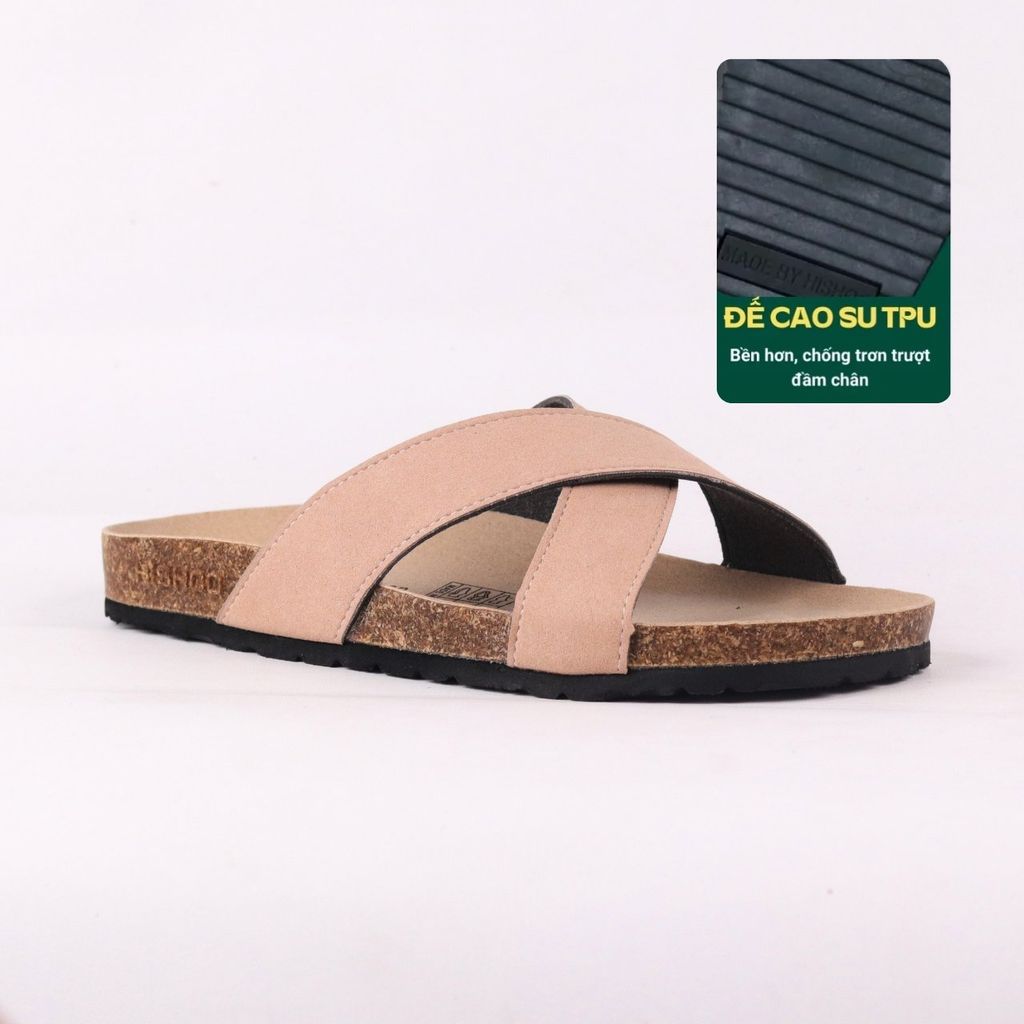 Dép đế trấu birken quai ngang chéo da lộn HISHOO R096