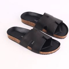Dép đế trấu birken quai ngang chữ H MẶT ĐEN da bò HISHOO M095