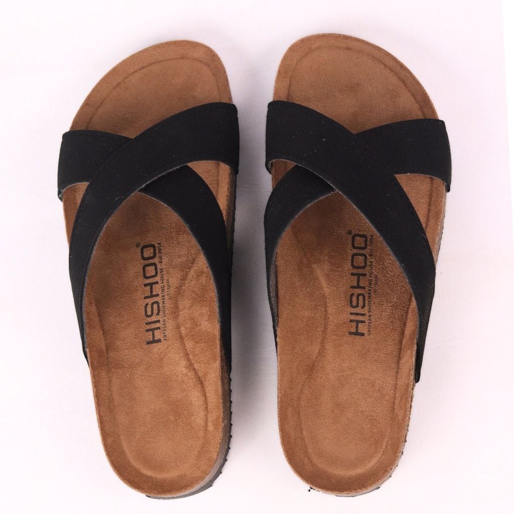 Dép đế trấu birken quai ngang chéo da lộn premium HISHOO H096