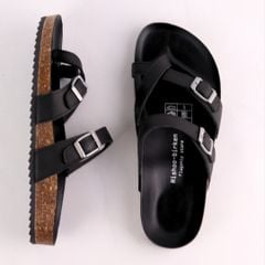 Dép đế trấu birken quai ngang xỏ ngón MẶT ĐEN da bò HISHOO M098