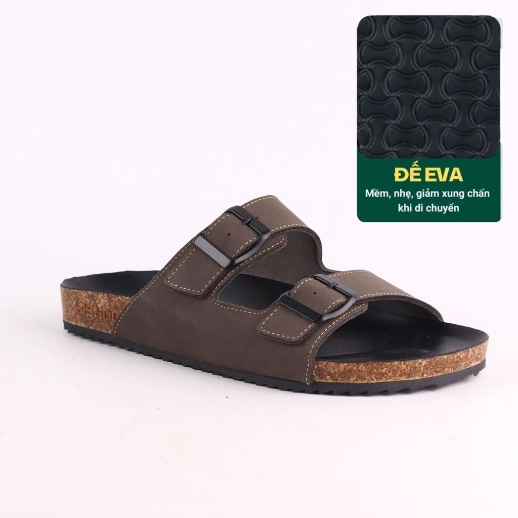 Dép đế trấu birken quai ngang 2 khoá MẶT ĐEN da bò HISHOO M093