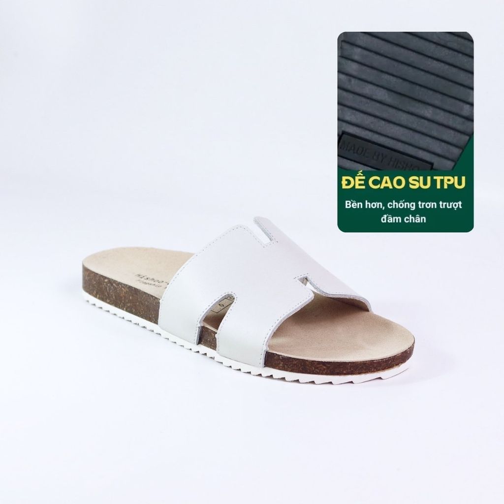 Dép đế trấu birken quai ngang chữ H MẶT ĐEN da bò HISHOO M095