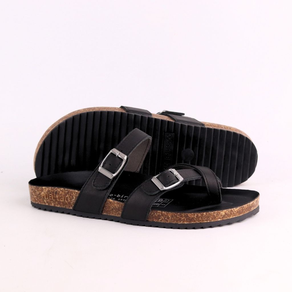 Dép đế trấu birken quai ngang xỏ ngón MẶT ĐEN da bò HISHOO M098