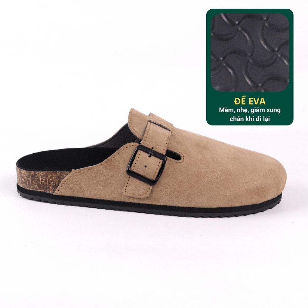 Dép đế trấu sục Boston Xám/ Kem/Bò quai ngang da lộn HISHOO R109