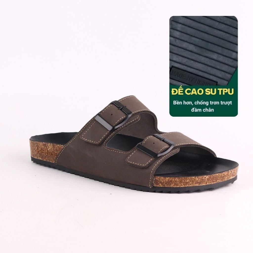 Dép đế trấu birken quai ngang 2 khoá MẶT ĐEN da bò HISHOO M093