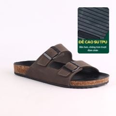 Dép đế trấu birken quai ngang 2 khoá MẶT ĐEN da bò HISHOO M093