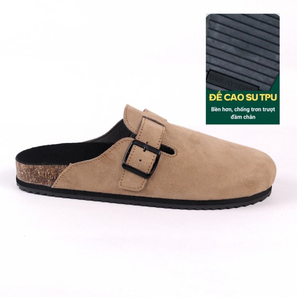 Dép đế trấu sục Boston Xám/ Kem/Bò quai ngang da lộn HISHOO R109