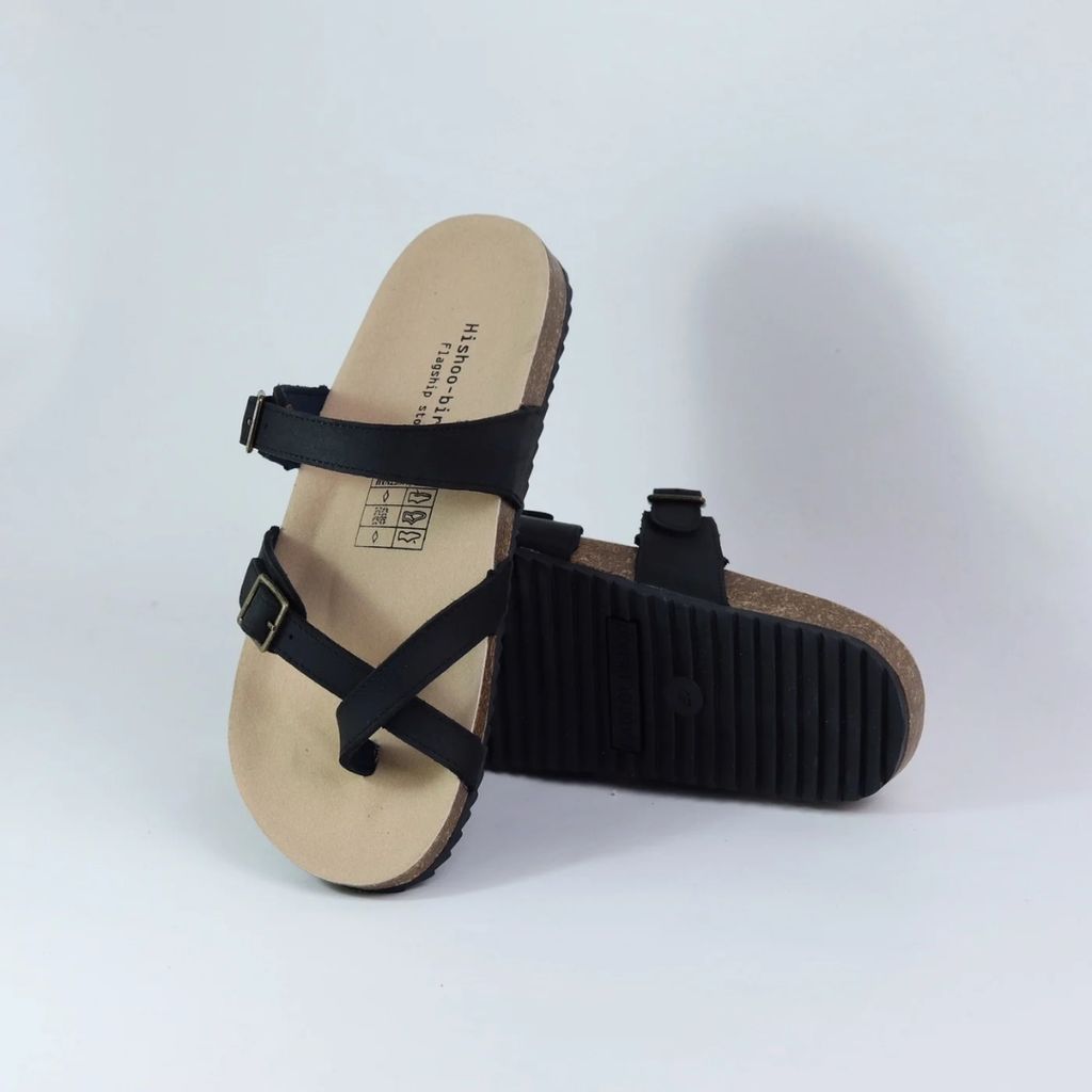 Dép đế trấu birken quai ngang xỏ ngón MẶT ĐEN da bò HISHOO M098