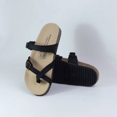 Dép đế trấu birken quai ngang xỏ ngón MẶT ĐEN da bò HISHOO M098