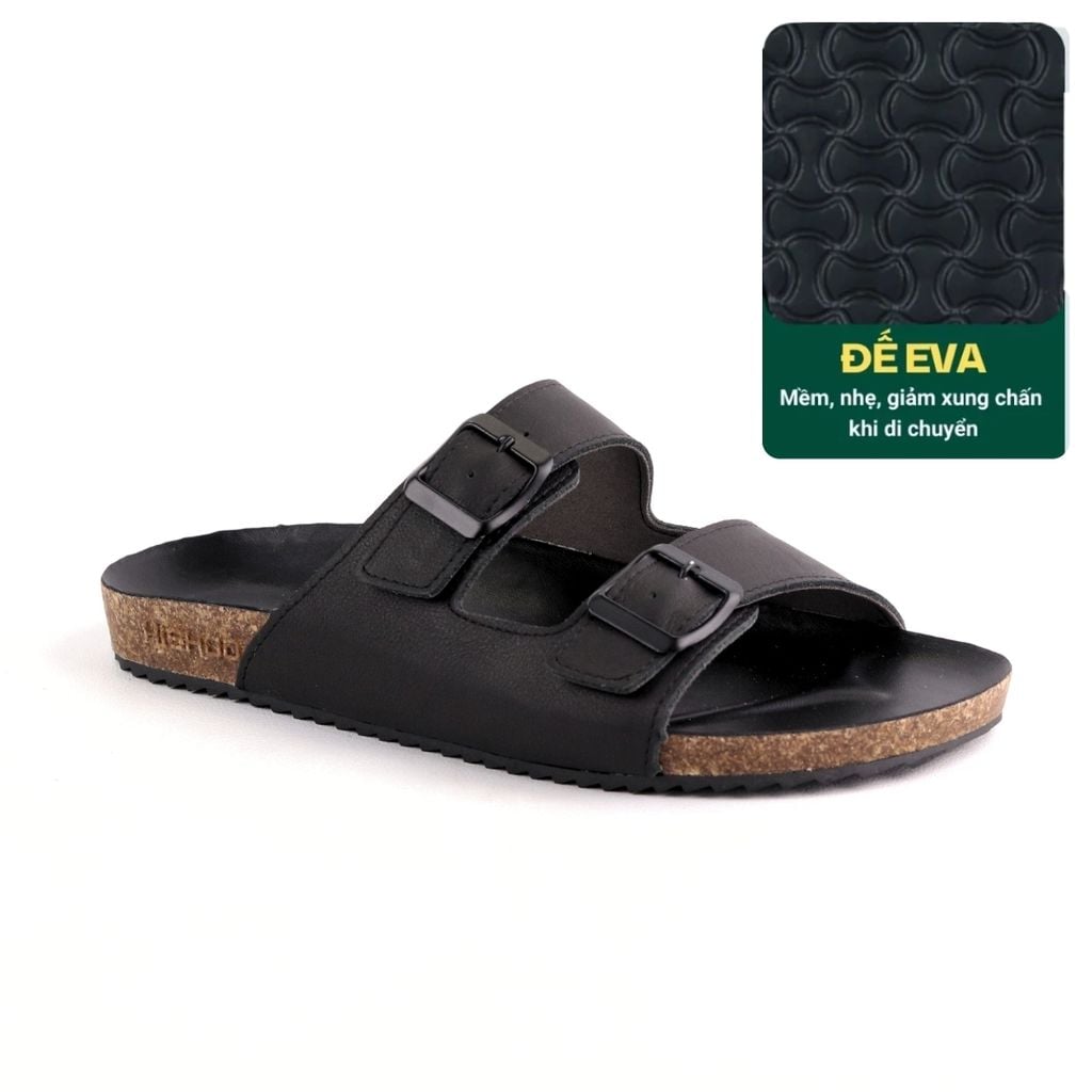 Dép đế trấu birken quai ngang 2 khoá MẶT ĐEN da bò HISHOO M093