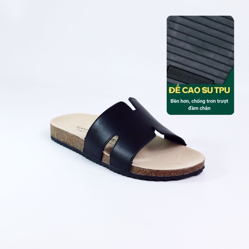 Dép đế trấu birken quai ngang chữ H MẶT ĐEN da bò HISHOO M095