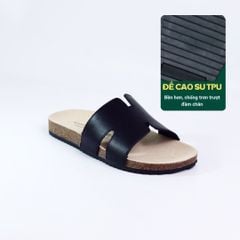 Dép đế trấu birken quai ngang chữ H MẶT ĐEN da bò HISHOO M095