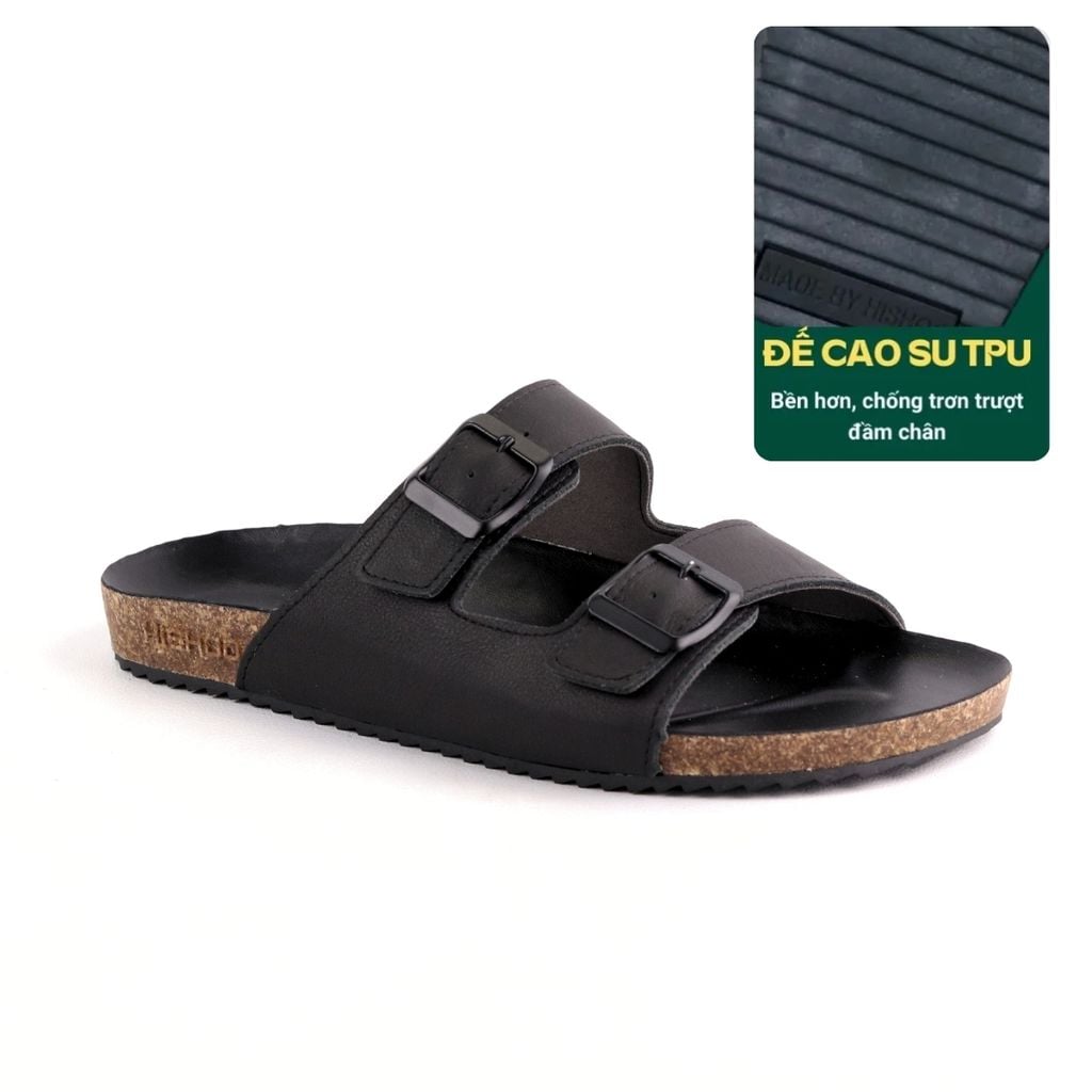 Dép đế trấu birken quai ngang 2 khoá MẶT ĐEN da bò HISHOO M093