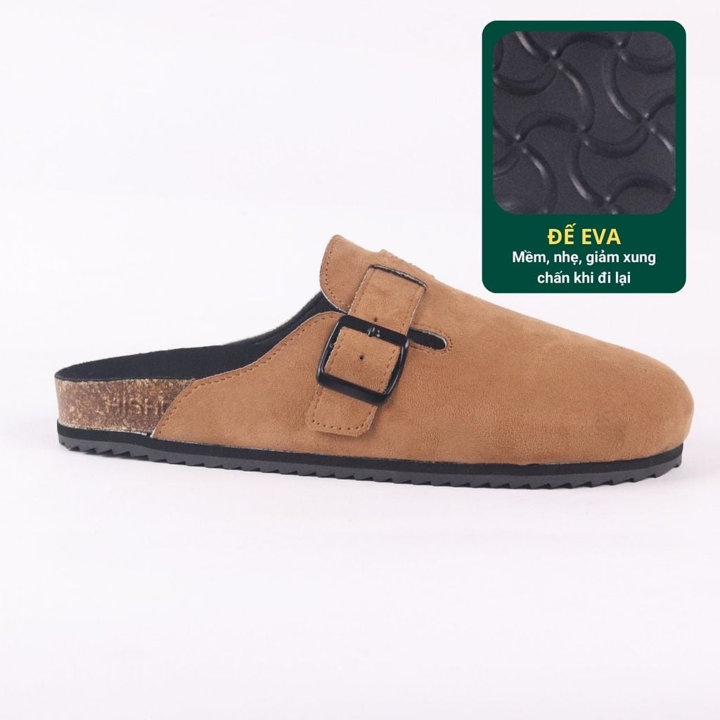 Dép đế trấu sục Boston Xám/ Kem/Bò quai ngang da lộn HISHOO R109