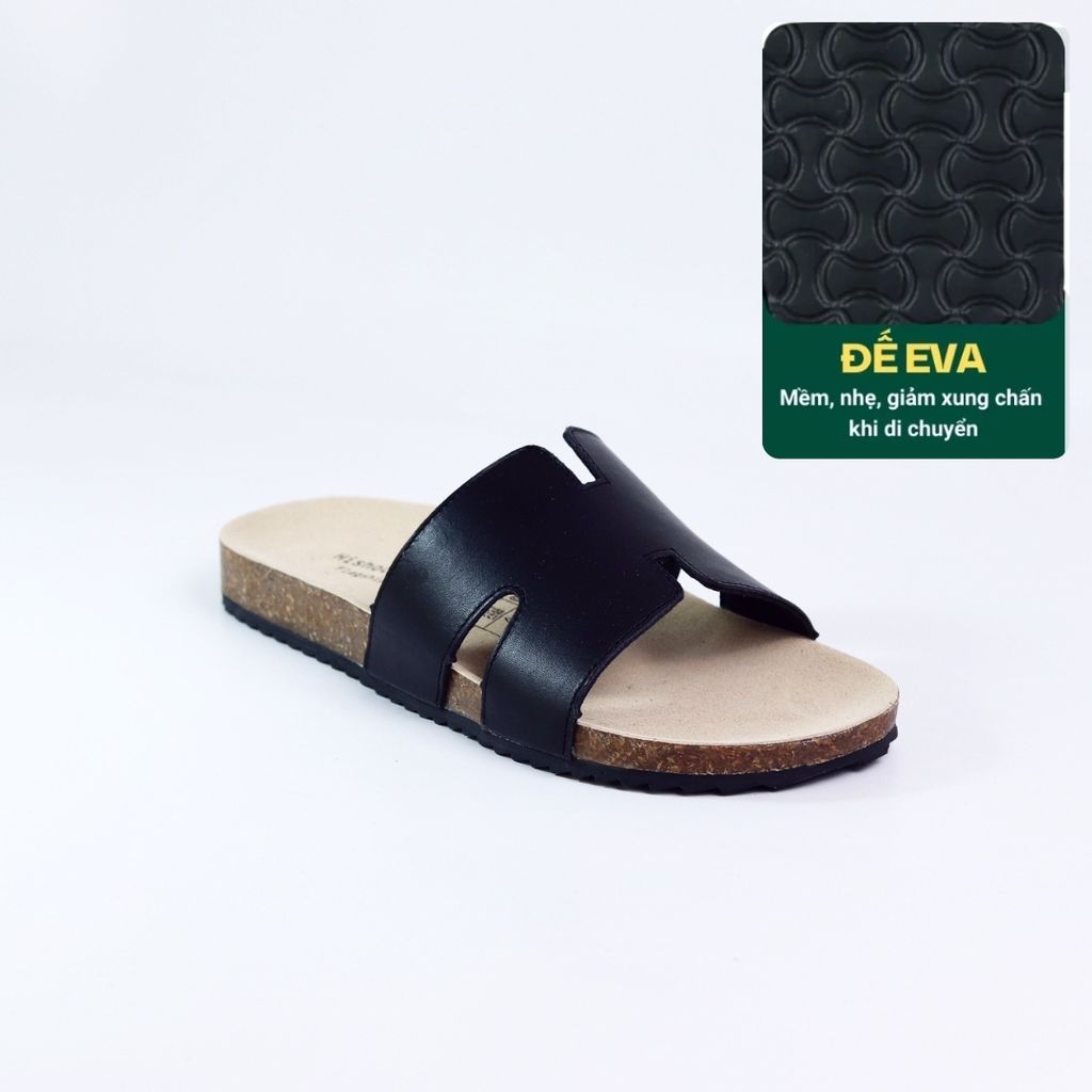 Dép đế trấu birken quai ngang chữ H MẶT ĐEN da bò HISHOO M095