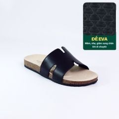 Dép đế trấu birken quai ngang chữ H MẶT ĐEN da bò HISHOO M095