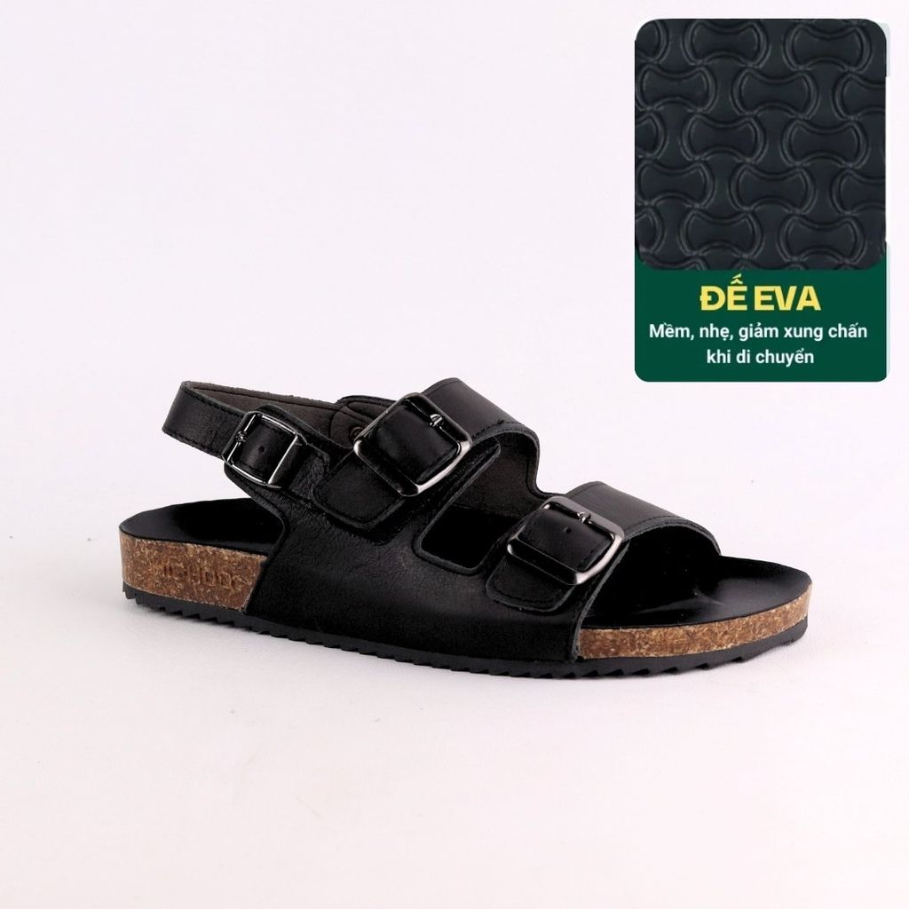 Dép đế trấu Sandal birken quai ngang 2 khoá da bò HISHOO M102