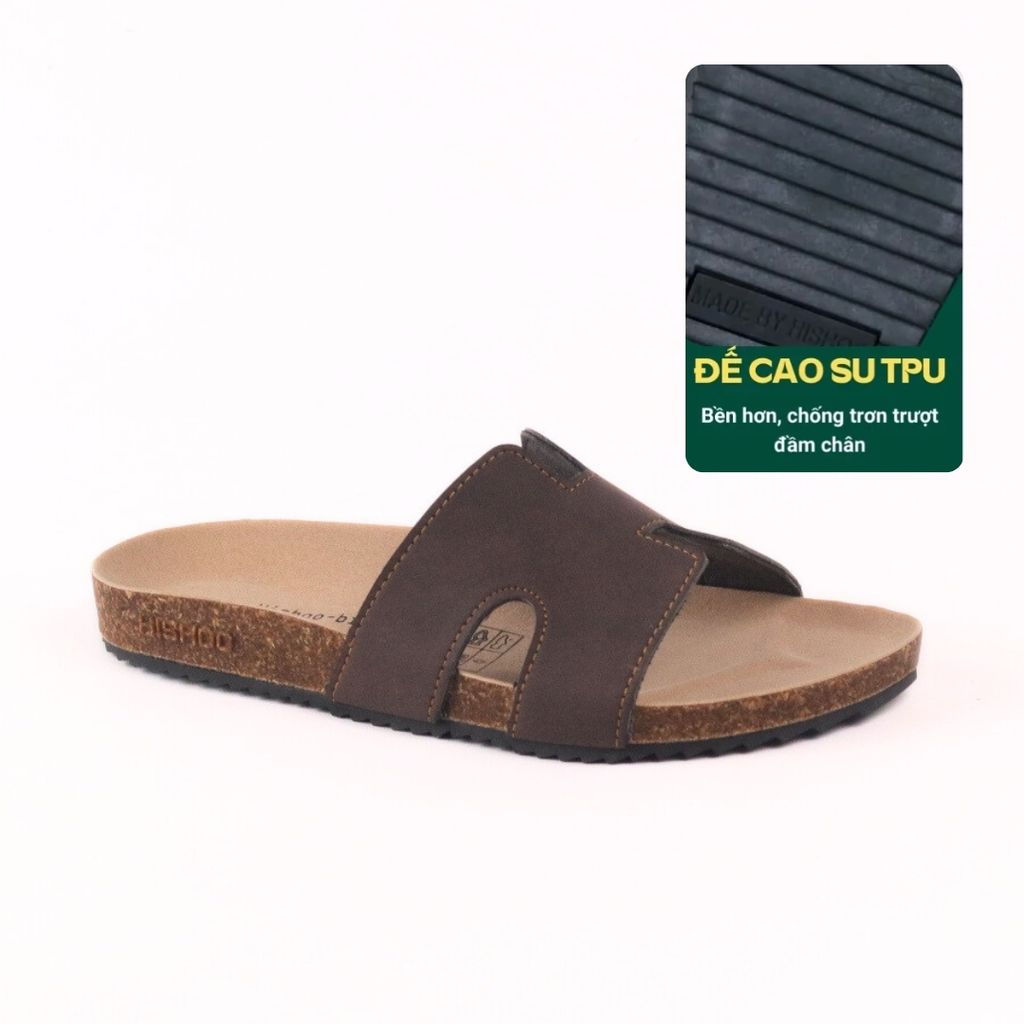 Dép đế trấu birken quai ngang chữ H MẶT ĐEN da bò HISHOO M095