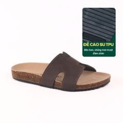 Dép đế trấu birken quai ngang chữ H MẶT ĐEN da bò HISHOO M095