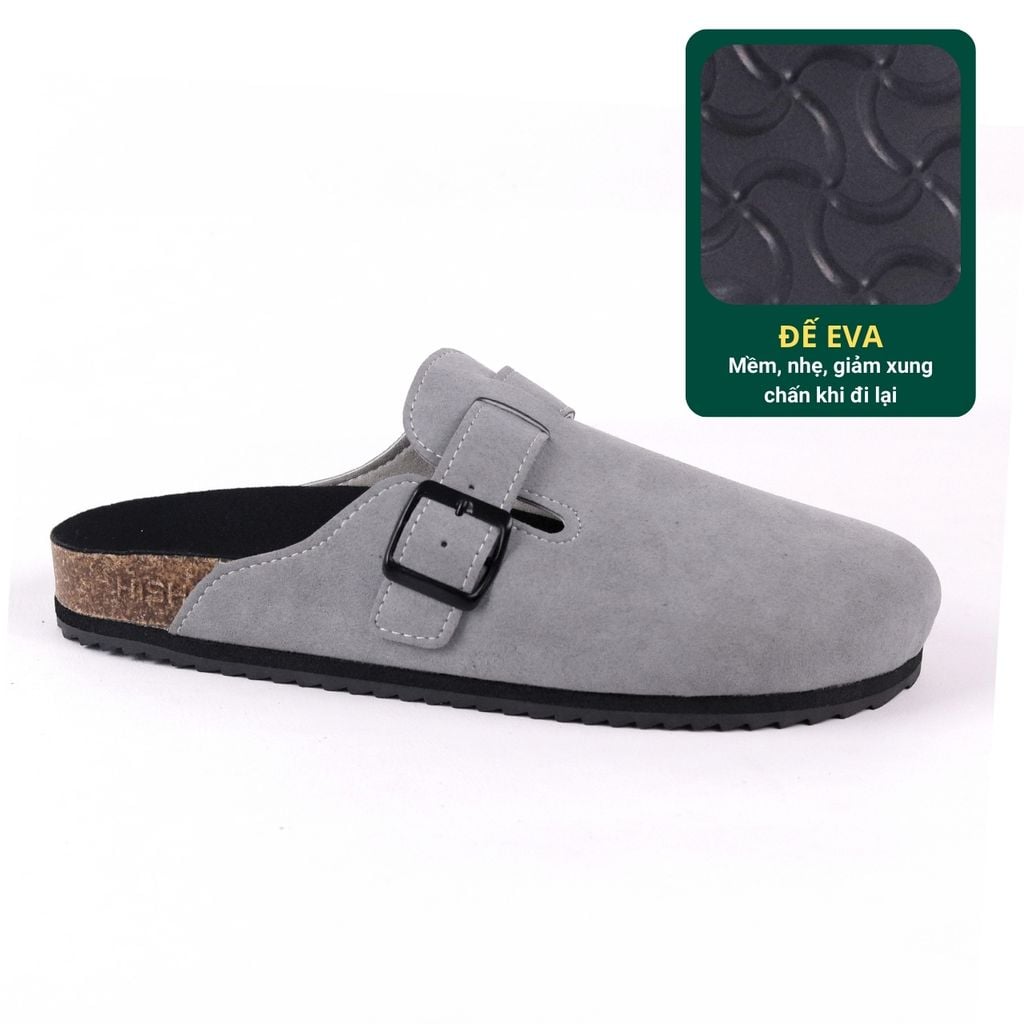 Dép đế trấu sục Boston Xám/ Kem/Bò quai ngang da lộn HISHOO R109