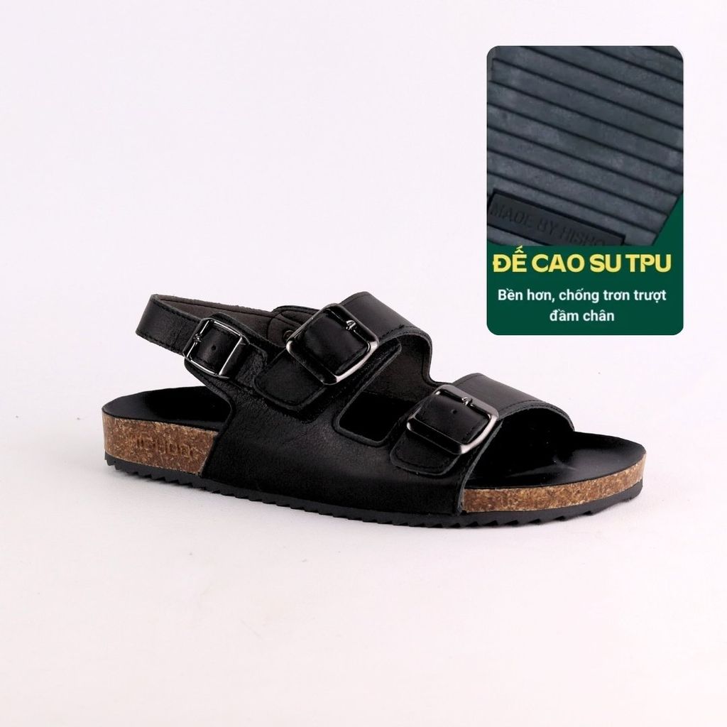 Dép đế trấu Sandal birken quai ngang 2 khoá da bò HISHOO M102