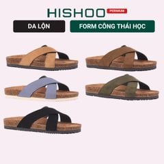 Dép đế trấu birken quai ngang chéo da lộn premium HISHOO H096