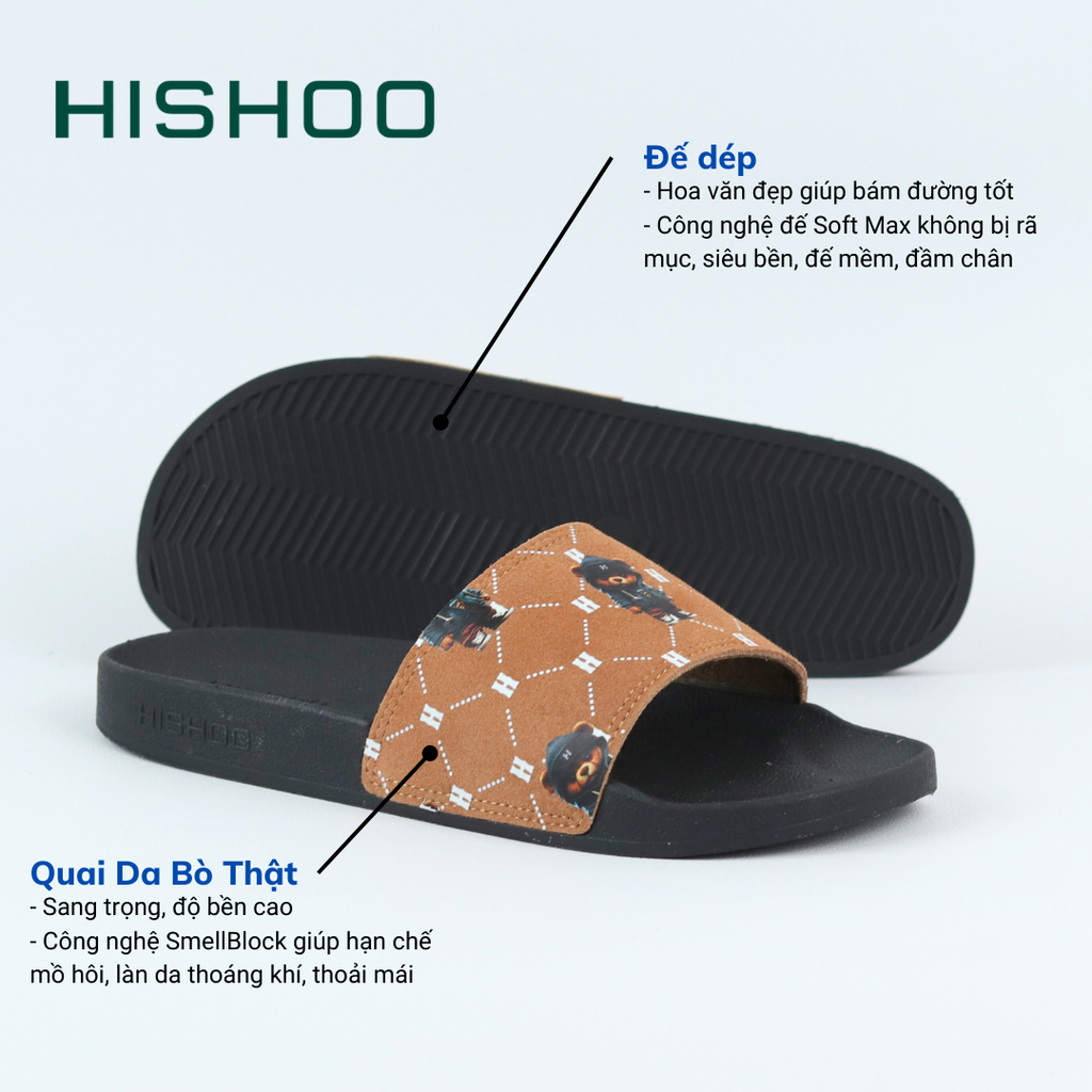 Dép quai ngang da bò lộn Bò+Xám Gấu Bí Lù Monogram HISHOO U113