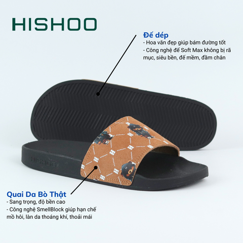 Dép quai ngang da bò lộn Bò+Xám Gấu Bí Lù Monogram HISHOO U113