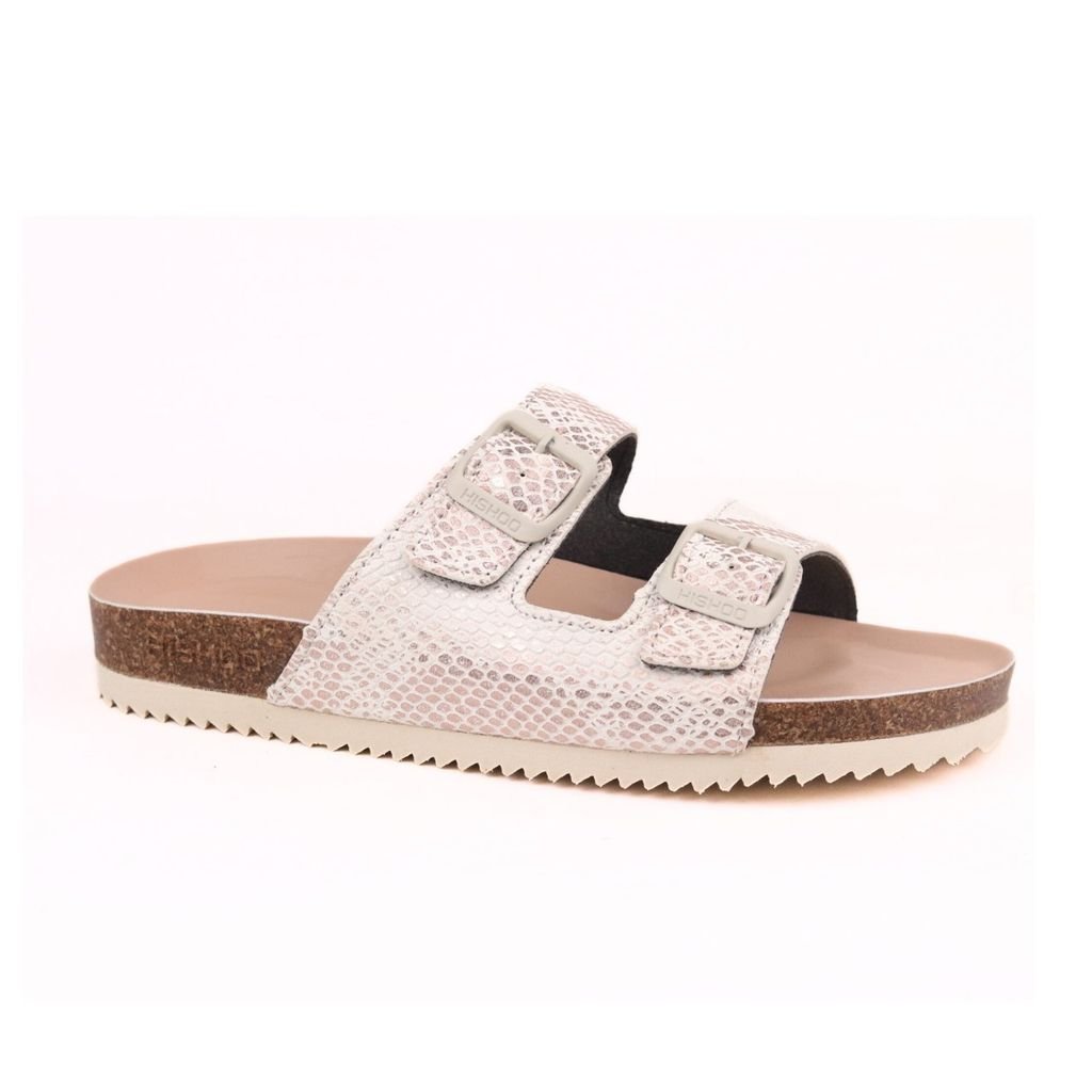 Dép đế trấu birken 2 khoá Kem Vân Rắn premium HISHOO B093
