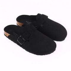 Dép đế trấu sục Boston quai ngang Đen da lộn HISHOO R109
