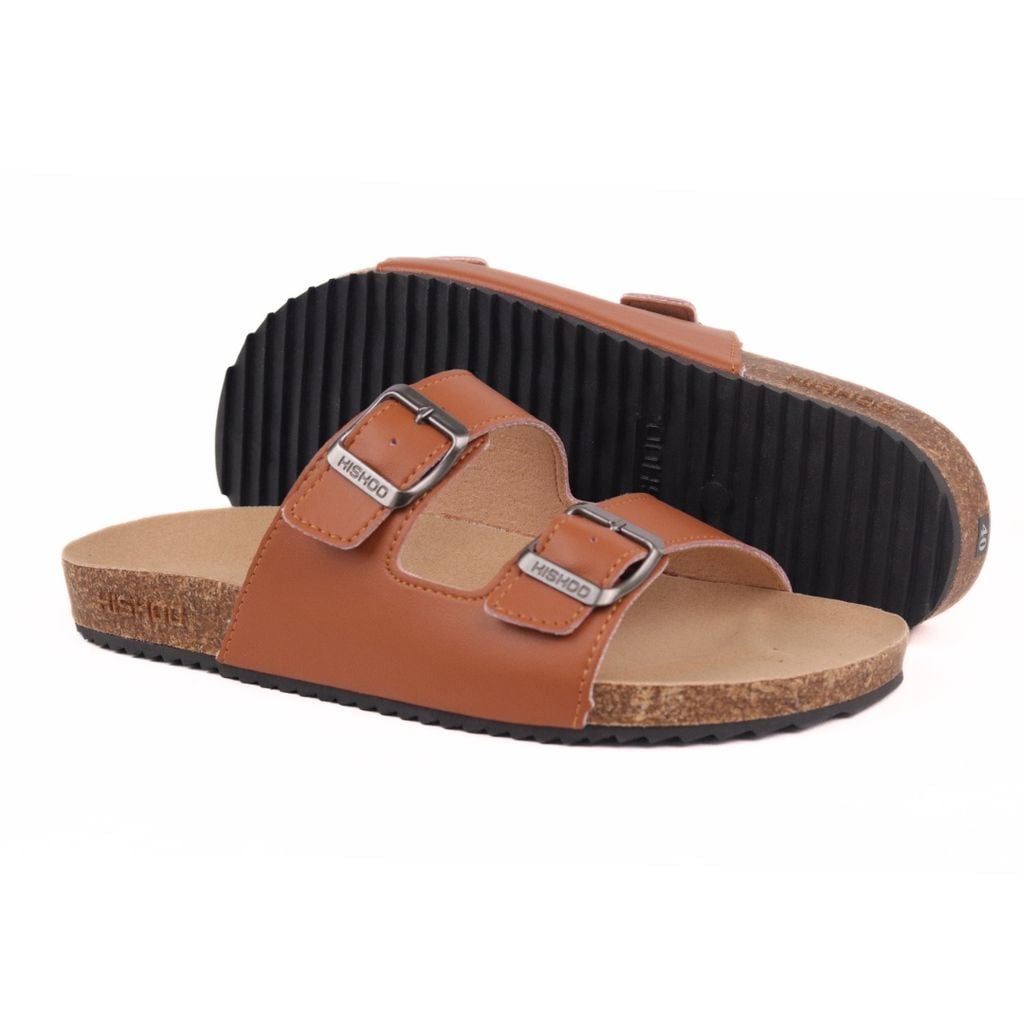 Dép đế trấu birken quai ngang 2 khoá MẶT ĐEN da bò HISHOO M093