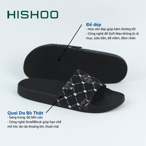 Dép quai ngang da bò lộn Đen+Xanh Dương Gấu Bí Lù Monogram HISHOO U113